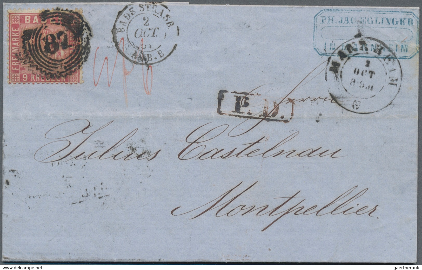 17021 Baden - Marken Und Briefe: 1860, 9 Kr. Lebhaftrosarot Mit Zackenkranz-Nummernstempel "87" Auf Kpl. F - Sonstige & Ohne Zuordnung