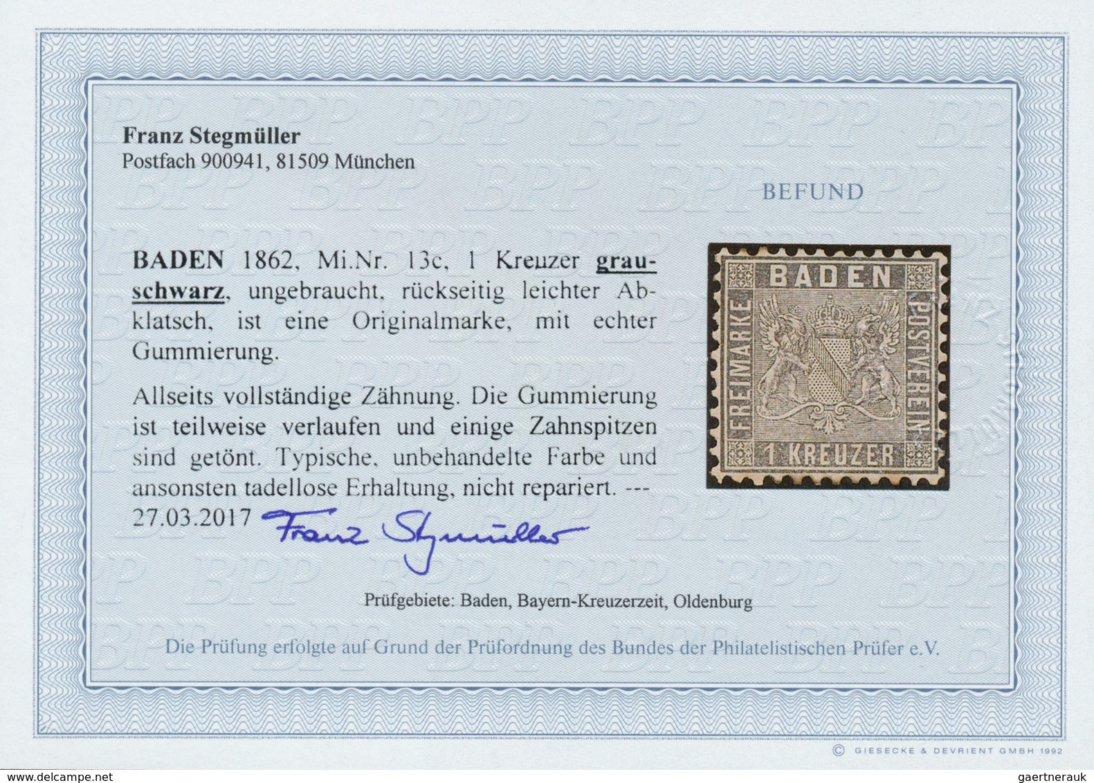 17022 Baden - Marken Und Briefe: 1862, Wappen 1 Kreuzer Linierter Hintergrund Grauschwarz Mit Getöntem Tei - Autres & Non Classés