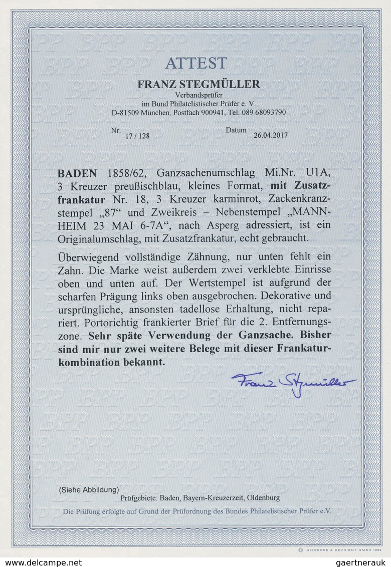 17027 Baden - Marken Und Briefe: 1858/1862, 3 Kreuzer Preußischblau Kleines Format Mit Zusatzfrankatur 3 K - Other & Unclassified