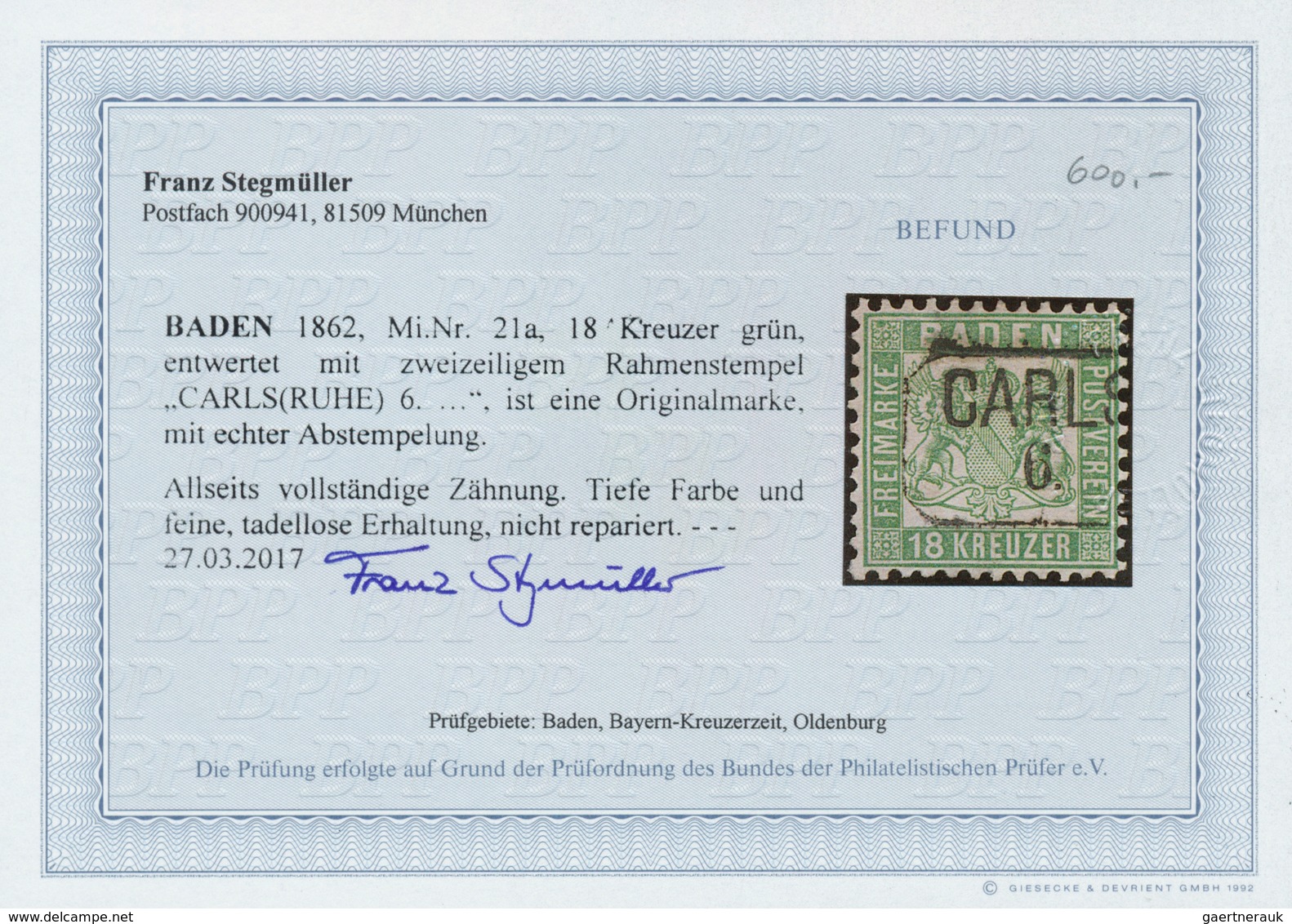 17029 Baden - Marken Und Briefe: 1862, 18 Kr. Wappen Mit Weißem Hintergrund Grün Mit Ra2 "CARLS(RUHE) 6. . - Sonstige & Ohne Zuordnung