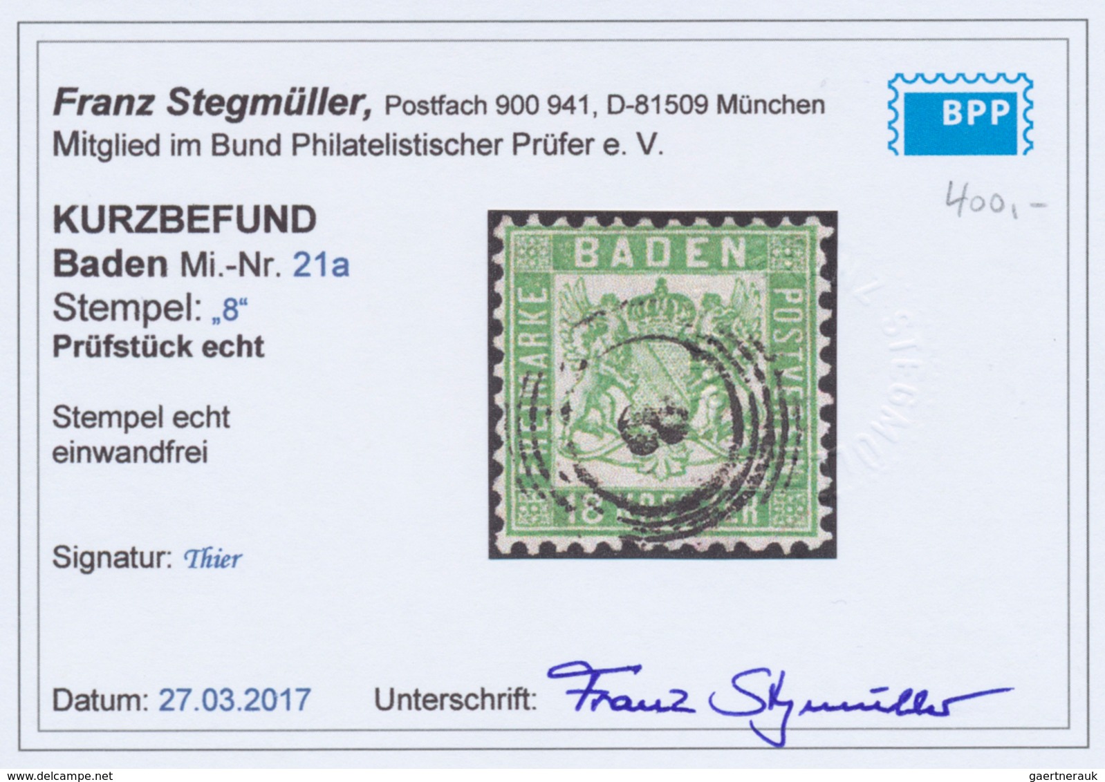 17030 Baden - Marken Und Briefe: 1862, 18 Kr. Wappen Mit Weißem Hintergrund Grün Mit Zentrischem Nr.-St. " - Autres & Non Classés