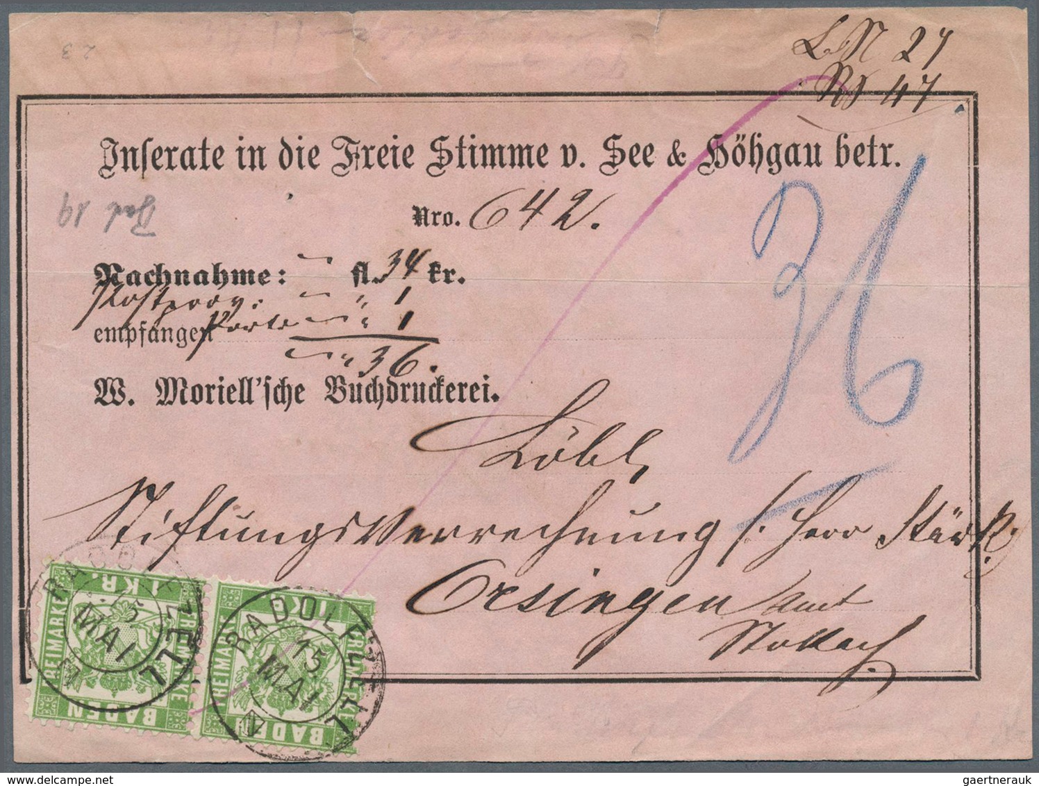 17036 Baden - Marken Und Briefe: 1868, Vordruck-Nachnahme-Quittung Mit Wappen 1 Kr. Lebhaftgrün Im Waagere - Andere & Zonder Classificatie