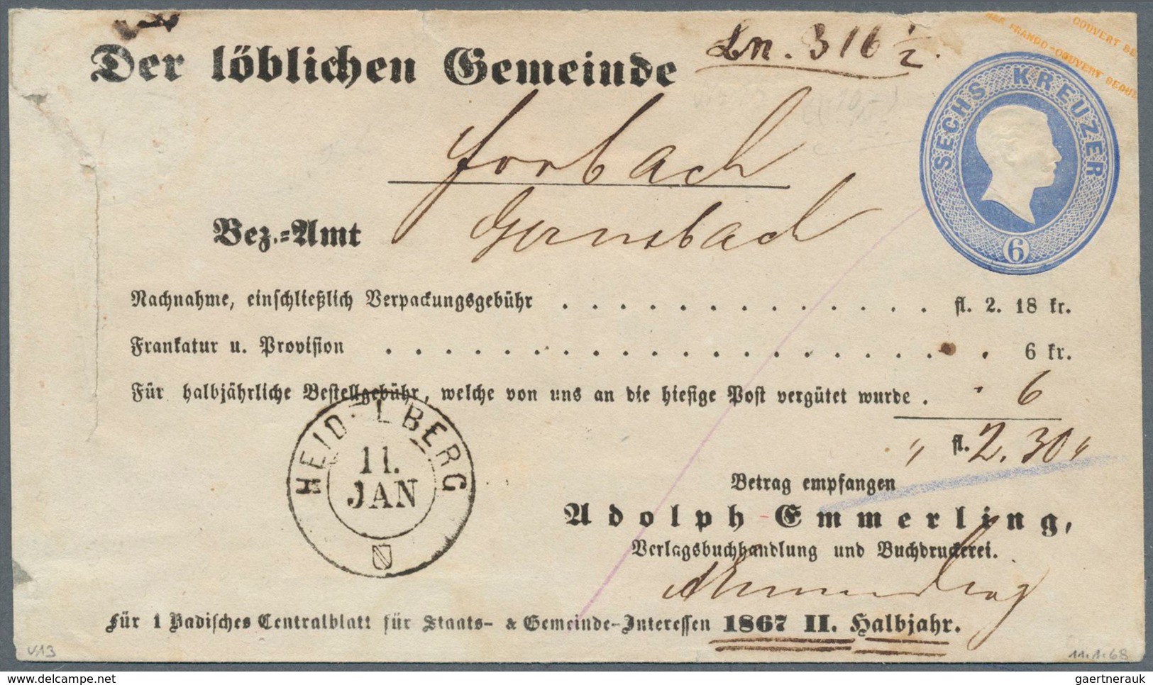 17040 Baden - Ganzsachen: 1867, GA-Umschlag 6 Kr. Ultramarin, Rauhes Papier Mit Aufdruck "Der Löblichen Ge - Autres & Non Classés