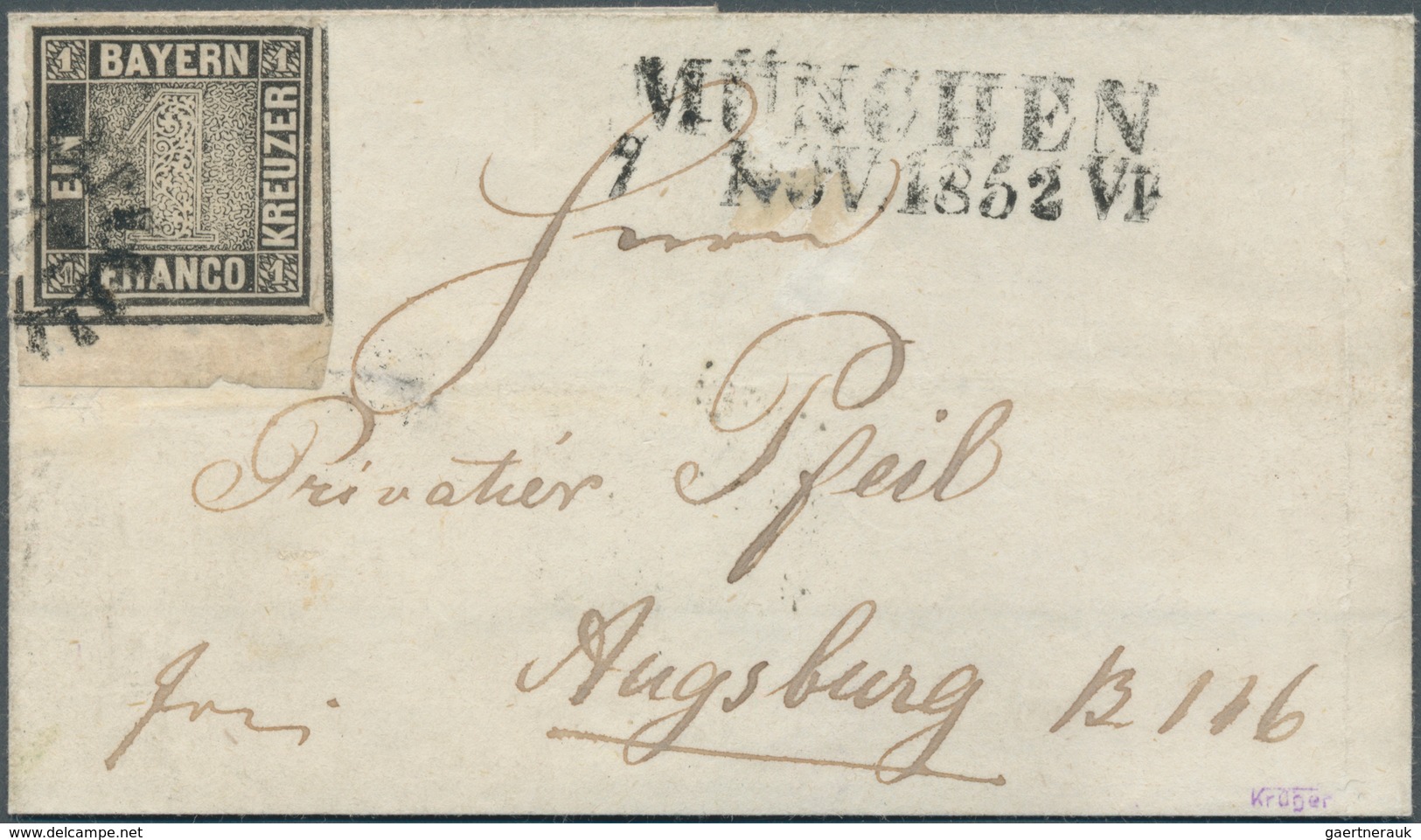 17063 Bayern - Marken Und Briefe: 1849: 1 Kreuzer Grauschwarz, Platte 2, Auf Nach Augsburg Adressierter Dr - Sonstige & Ohne Zuordnung