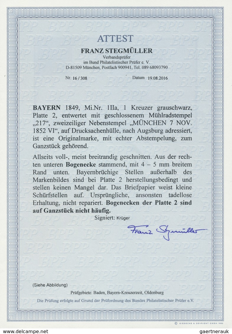 17063 Bayern - Marken Und Briefe: 1849: 1 Kreuzer Grauschwarz, Platte 2, Auf Nach Augsburg Adressierter Dr - Sonstige & Ohne Zuordnung