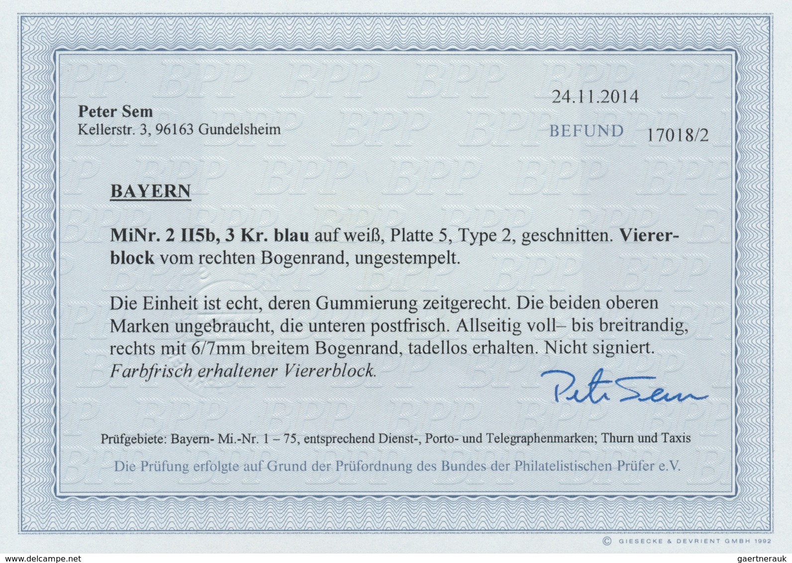17069 Bayern - Marken Und Briefe: 1850, 3 Kr. Blau, Platte 5 B Im VIERERBLOCK Obere Marken Ungebraucht, Un - Other & Unclassified