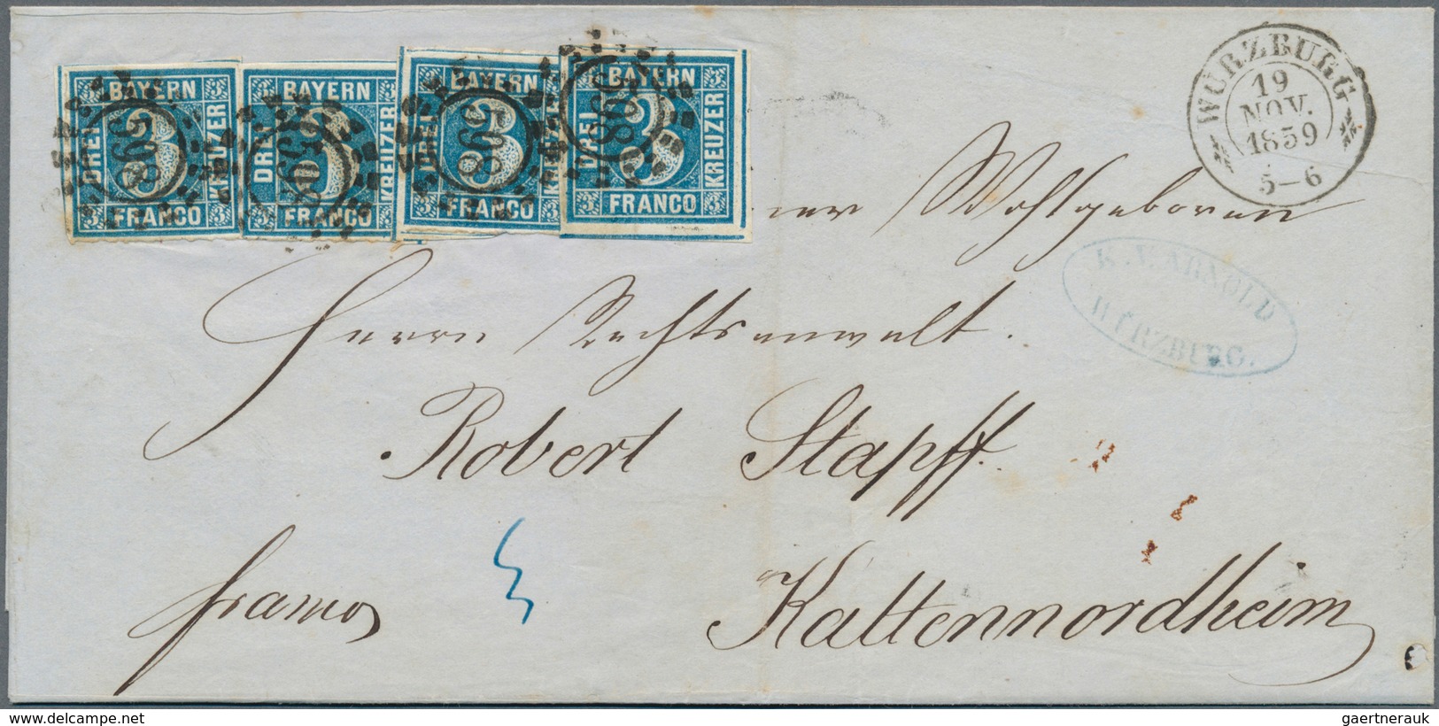 17078 Bayern - Marken Und Briefe: 1850, Viermal 3 Kr. Blau, Platte 2 In Type 3 Mit OMR "598" Auf Brief Von - Other & Unclassified