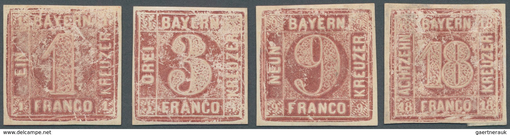 17082 Bayern - Marken Und Briefe: 1850, Probedrucke 3 Kr., 6 Kr., 9 Kr. Und 18 Kr. Rotbraun Auf Kreidepapi - Other & Unclassified