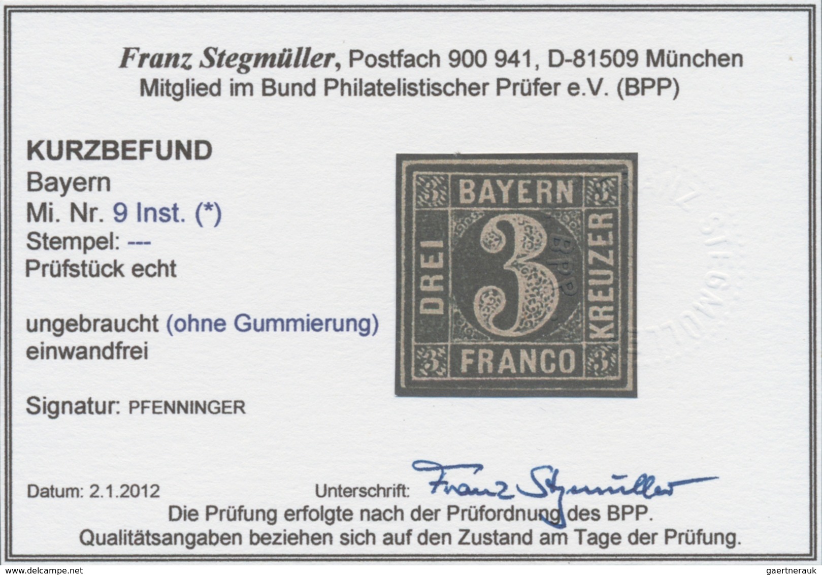 17083 Bayern - Marken Und Briefe: 1850/62, Drei Instruktionsmarken 3 Kr. Schwarz Auf Blau, 9 Kr. Schwarz A - Andere & Zonder Classificatie