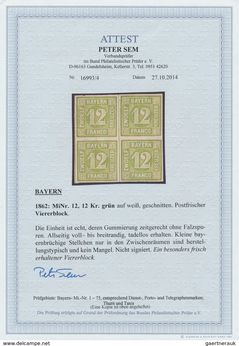 17136 Bayern - Marken Und Briefe: 1850, 12 Kr. Dunkelgelbgrün Als Postfrischer Viererblock, Farbfrische Un - Other & Unclassified