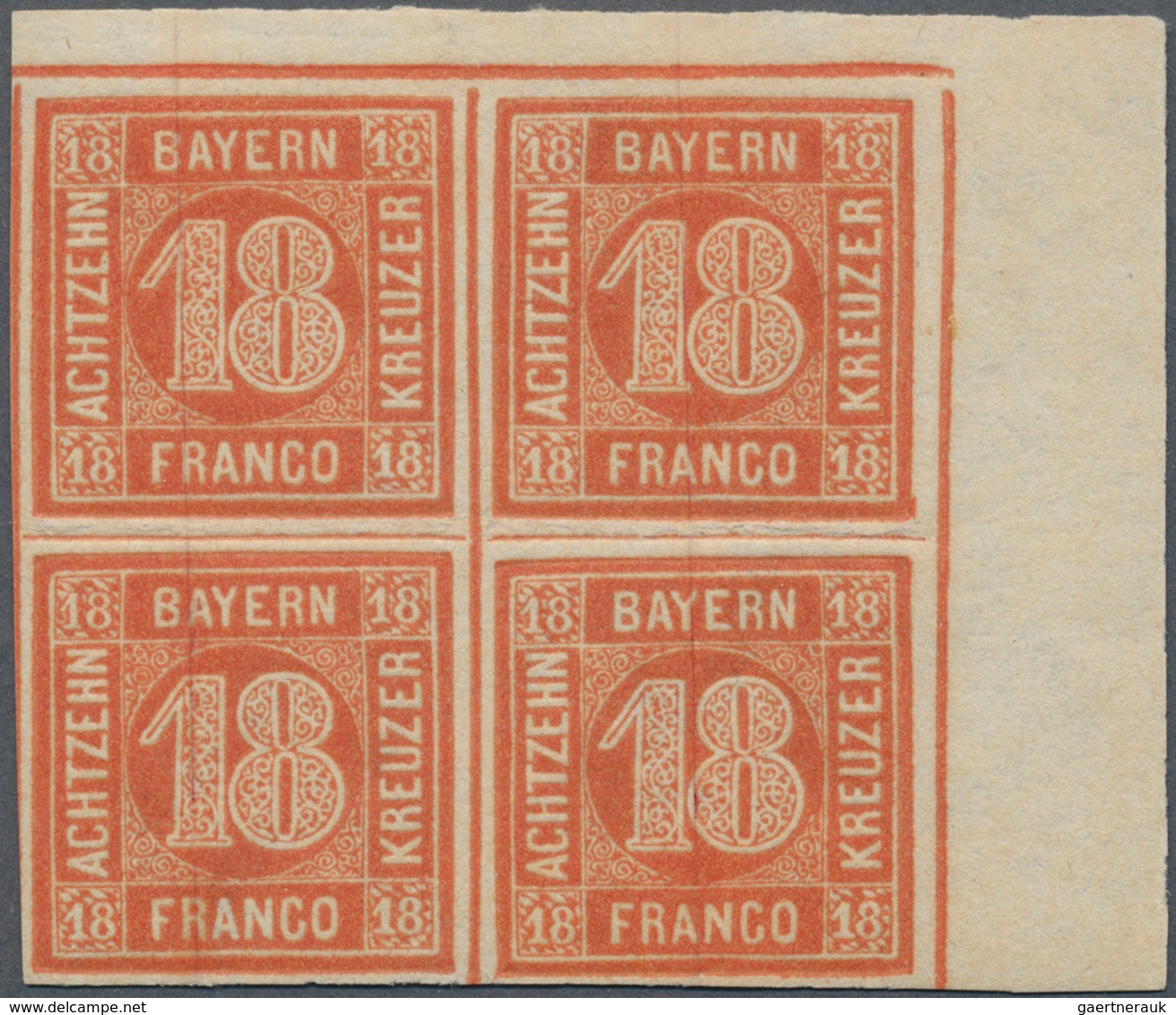 17145 Bayern - Marken Und Briefe: 1862, 18 Kr. In B-Farbe Orangerot Als Ungebrauchter Eckrandviererblock O - Other & Unclassified