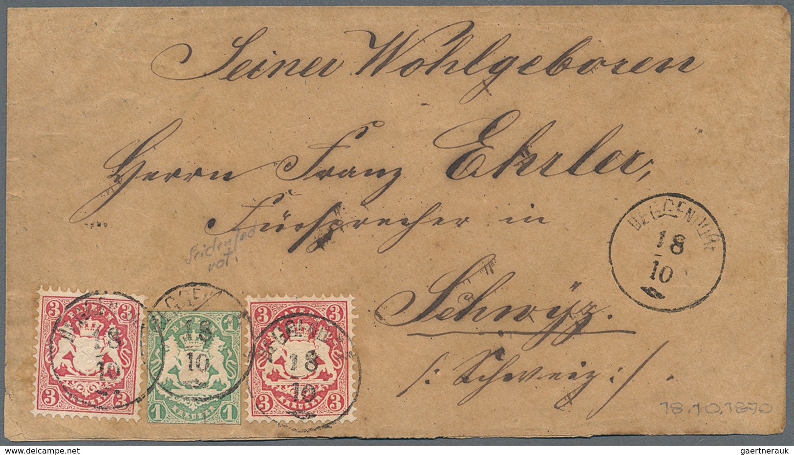 17149 Bayern - Marken Und Briefe: 1867/1870, 1 Kr Grün Sogenannter "Zwergenschnitt" Und 2x 3 Kr Lilarot Al - Other & Unclassified