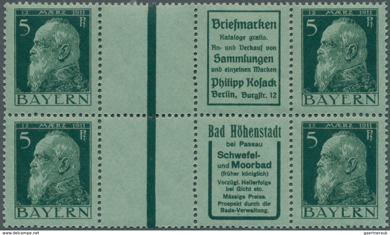 17189 Bayern - Zusammendrucke: 1911: Reklamen "Kosack" Und "Bad Höhenstadt" Zusammenhängend Als Seltenes U - Autres & Non Classés