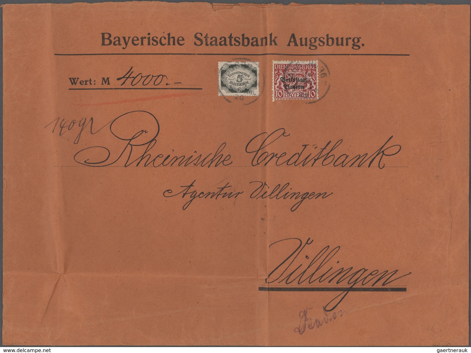 17195 Bayern - Dienstmarken: 1920, 5 M Grünschwarz "Abschiedsserie" U. 10 Pf Lilarot Wappen, MiF Auf Gross - Other & Unclassified