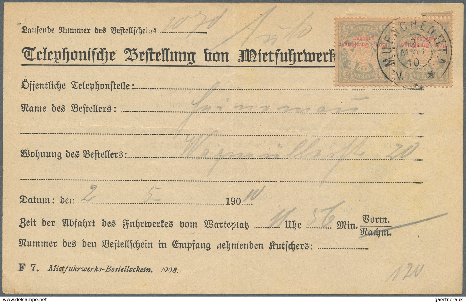 17201 Bayern - Portomarken: 1910, 5 Pf. Wappen "Mietfuhrwerks-Bestellschein", Einmal Als Waagerechtes Paar - Other & Unclassified