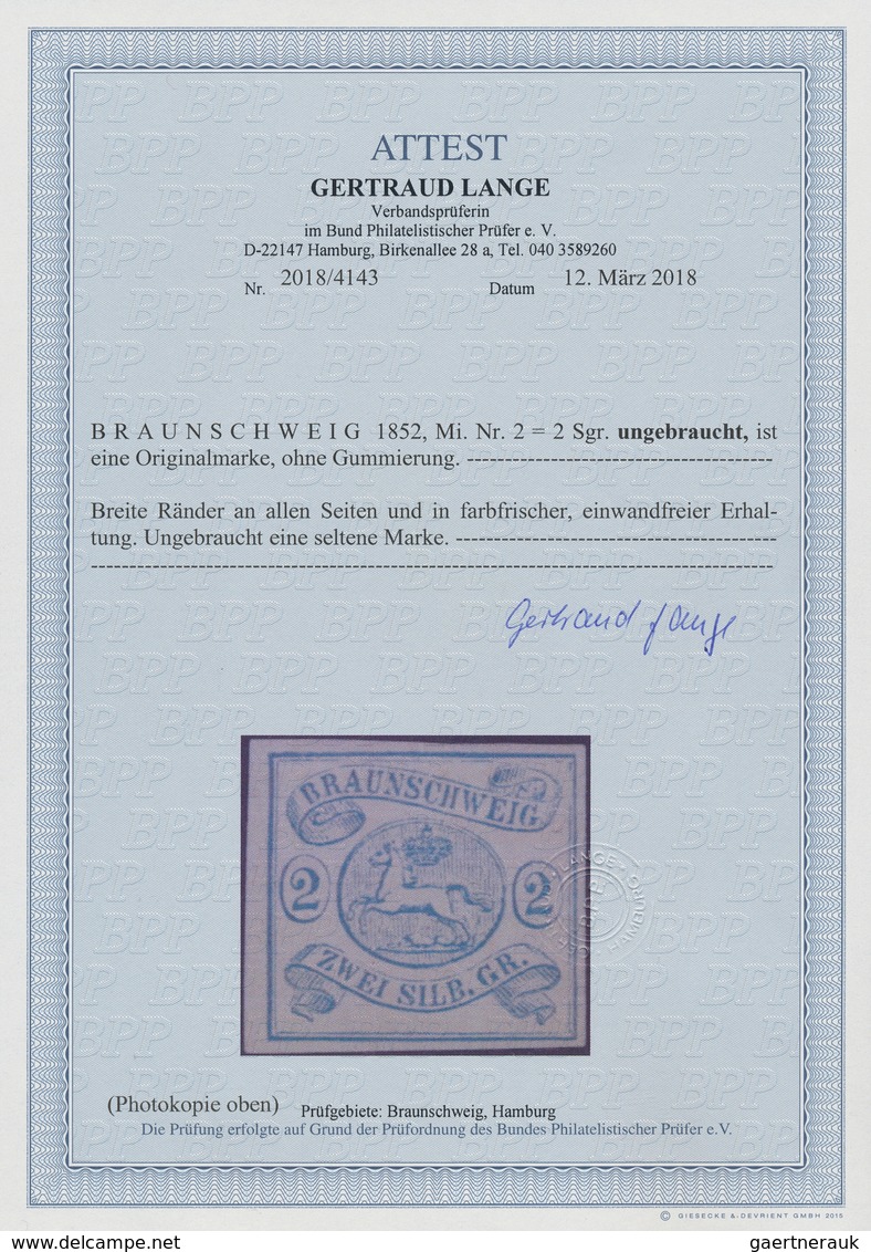 17241 Braunschweig - Marken Und Briefe: 1852, Wappenausgabe 2 Sgr. Hellblau, Ungebraucht Ohne Gummi, Farbf - Brunswick