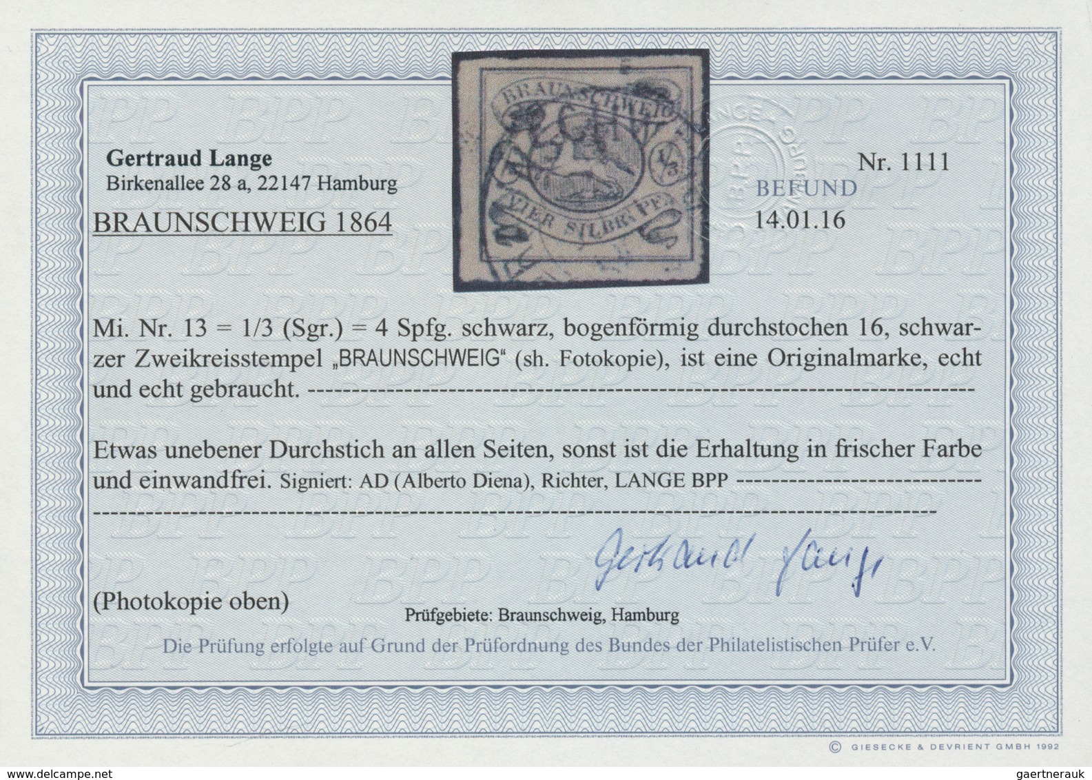 17249 Braunschweig - Marken Und Briefe: 1864, 1/3 Sgr. Schwarz Auf Grauweiss Mit Bogendurchstich 16, Geste - Brunswick