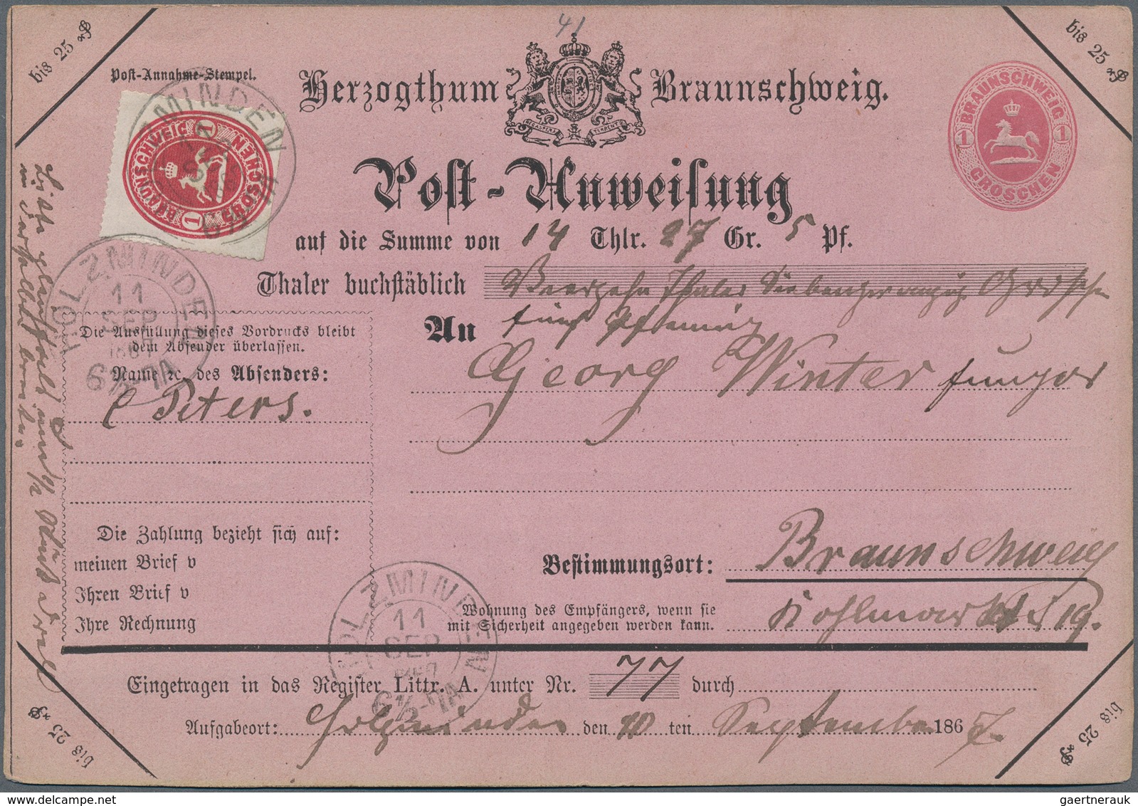 17251 Braunschweig - Marken Und Briefe: 1 Gr. Wappen Mit Schwarzem DKr. "HOLZMINDEN 11.SEP.1867" Als Zufra - Brunswick