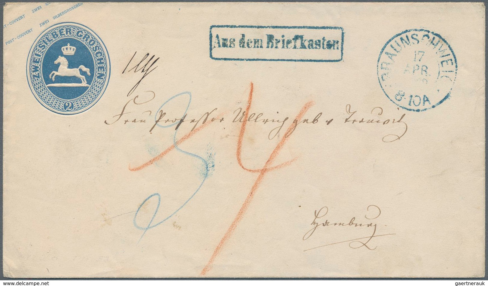 17256 Braunschweig - Ganzsachen: 1855, 2 Sgr. Ganzsachenumschlag Aus "BRAUNSCHWEIG 17.APR.1860" Mit Blauem - Braunschweig