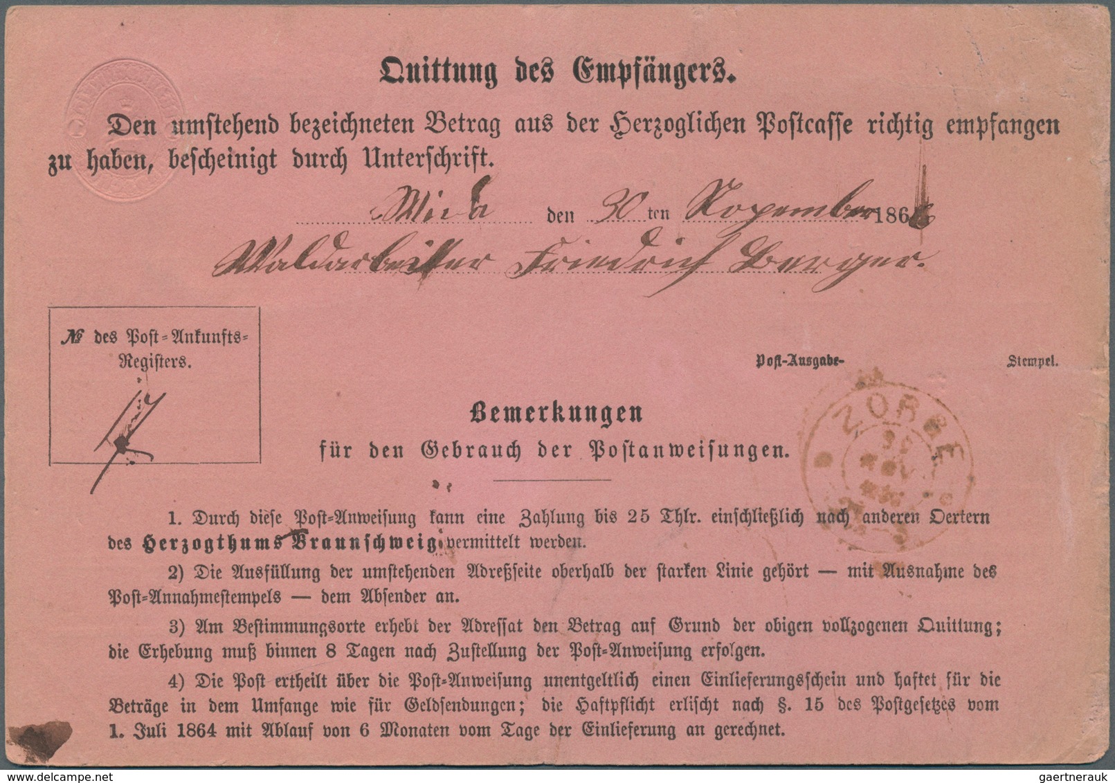17259 Braunschweig - Ortsstempel: 1866, ZORGE, Rotbrauner K2 Mit Zierkreisen Rückseitig Auf 1 Sgr. Postanw - Brunswick