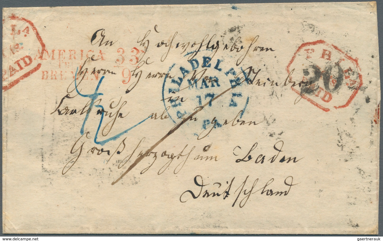 17270 Bremen - Stempel: Transit: 1852, "AMERIKA ÜBER BREMEN 33/9", Klar Auf Faltbriefhülle Aus "PHILADELPH - Bremen