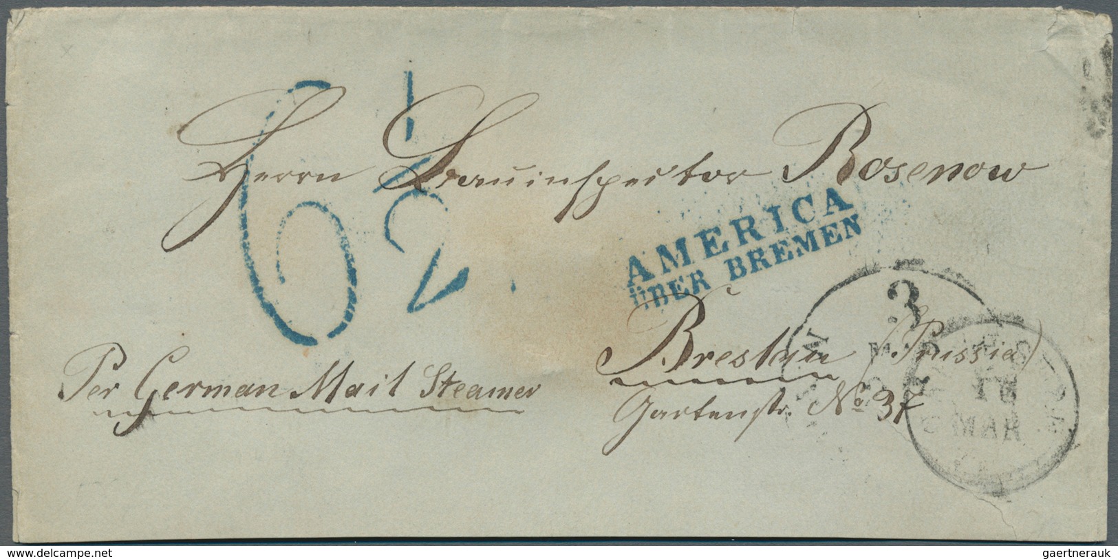 17279 Bremen - Stempel: Transit: 1867, "AMERICA ÜBER BREMEN", Blauer L2 Und Tax-Stempel "6 1/2" Auf Umschl - Bremen