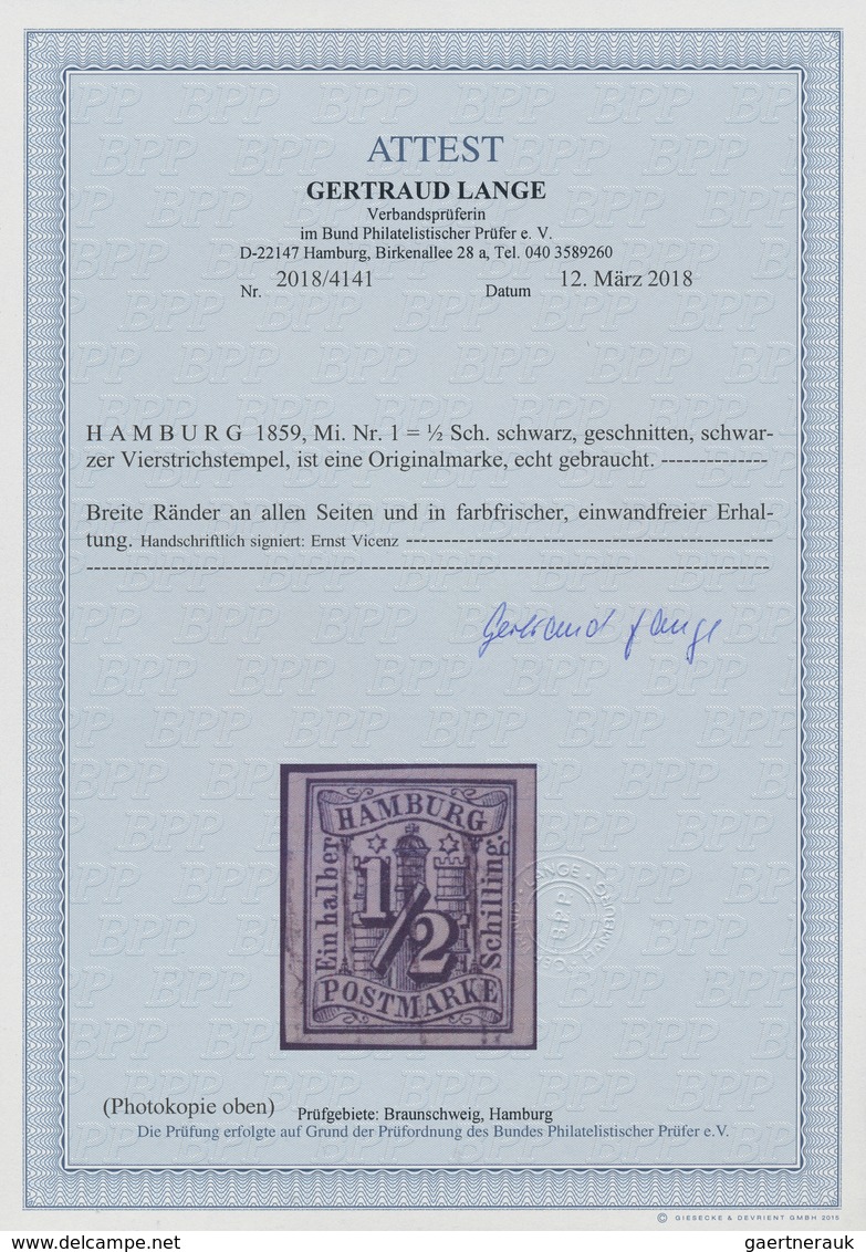 17289 Hamburg - Marken Und Briefe: 1859, Wappenausgabe ½ S Schwarz, Allseits Breitrandig Geschnitten Mit S - Hamburg