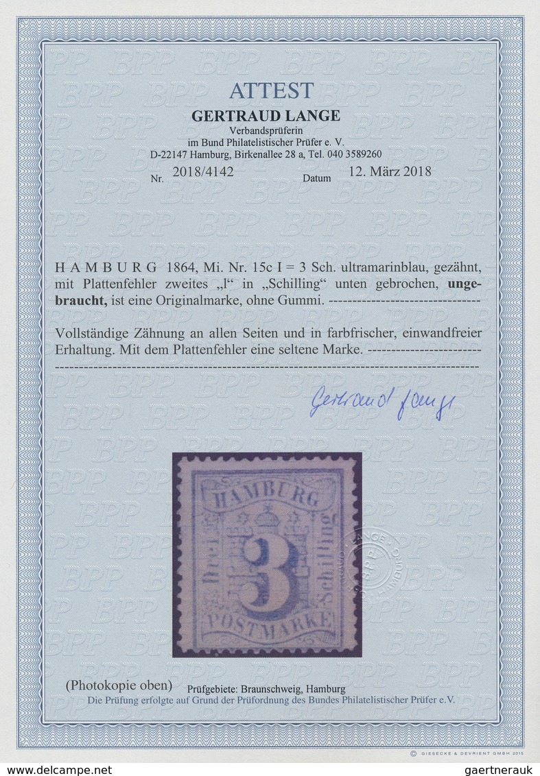 17295 Hamburg - Marken Und Briefe: 1864, Wappen 3 Schilling Ultramarin Mit Plattenfehler: Zweites "l" In S - Hamburg