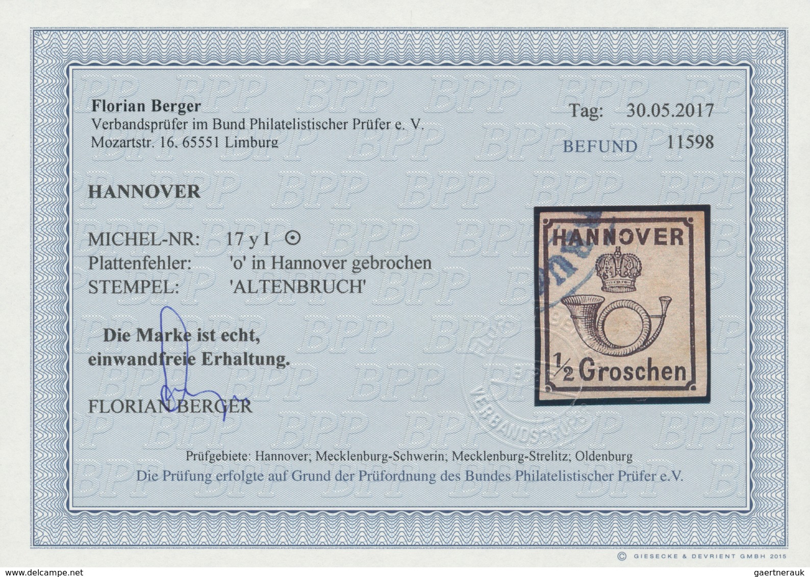 17311 Hannover - Marken Und Briefe: 1860,  1/2 Gr. Schwarz, Weiße Gummierung, Breitrandiges Farbfrisches K - Hannover