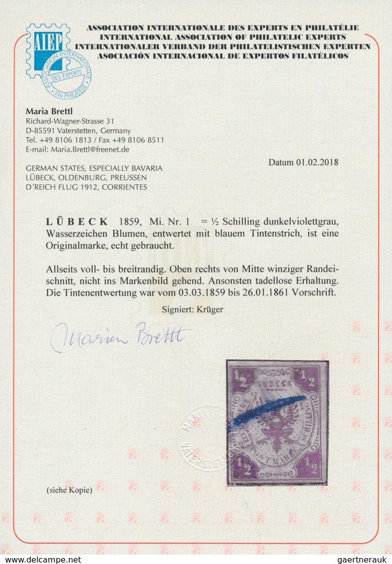17333 Lübeck - Marken Und Briefe: 1859, ½ Sch. Dunkelviolettgrau, Farbfrisches Exemplar, Allseits Voll- Bi - Lubeck
