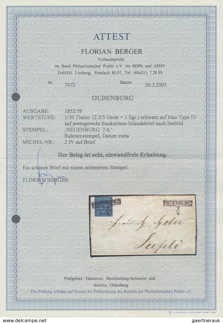 17351 Oldenburg - Marken Und Briefe: 1852, 1/30 Th./ 2 2/5 Gr. / 1 Sgr. Schwarz Auf Blau, Type IV, Allseit - Oldenburg