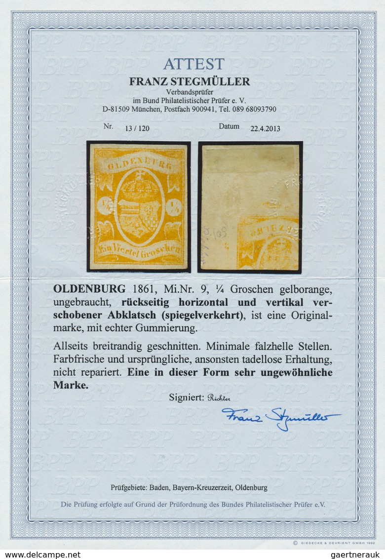 17359 Oldenburg - Marken Und Briefe: 1861, 1/4 Groschen Gelborange Ungebraucht Mit RÜCKSEITIGEM ABKLATSCH - Oldenburg