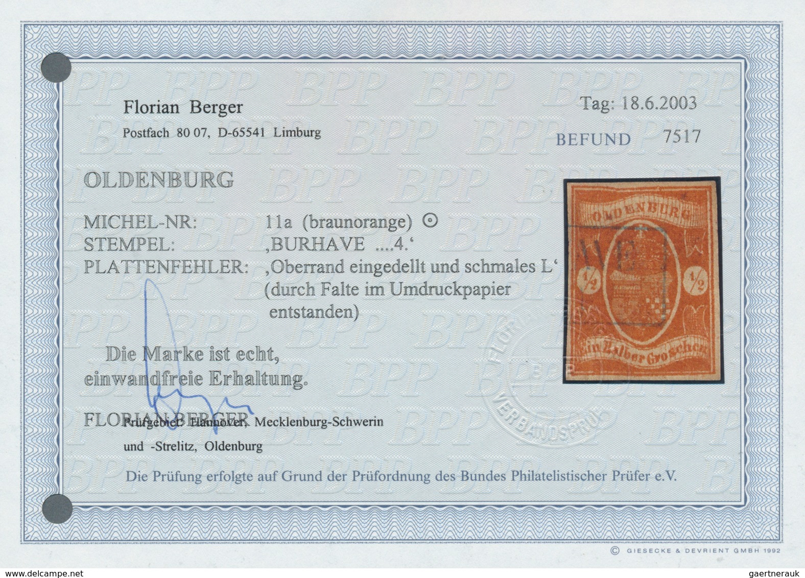 17362 Oldenburg - Marken Und Briefe: 1859, 1/2 Gr. Braunorange Mit Plattenfehler "Oberrand Eingedellt Und - Oldenburg