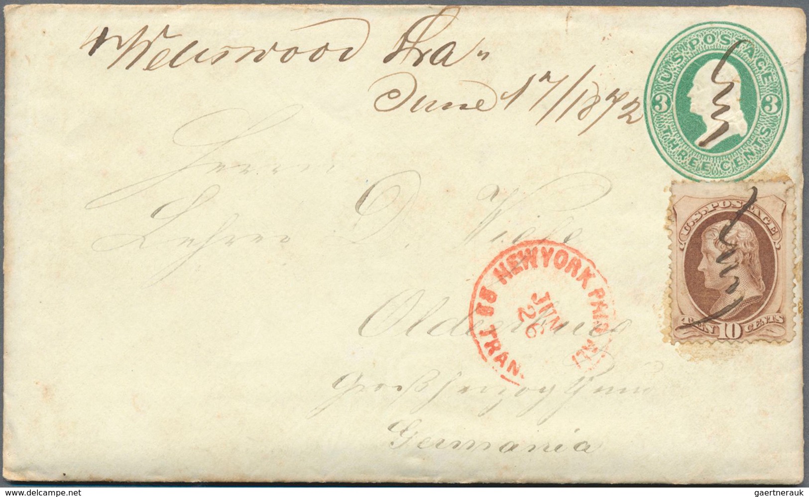 17372 Oldenburg - Besonderheiten: 1872: "Incomming Mail" Zwei USA Ganzsachenumschläge (3 Cents Grün) Nach - Oldenburg