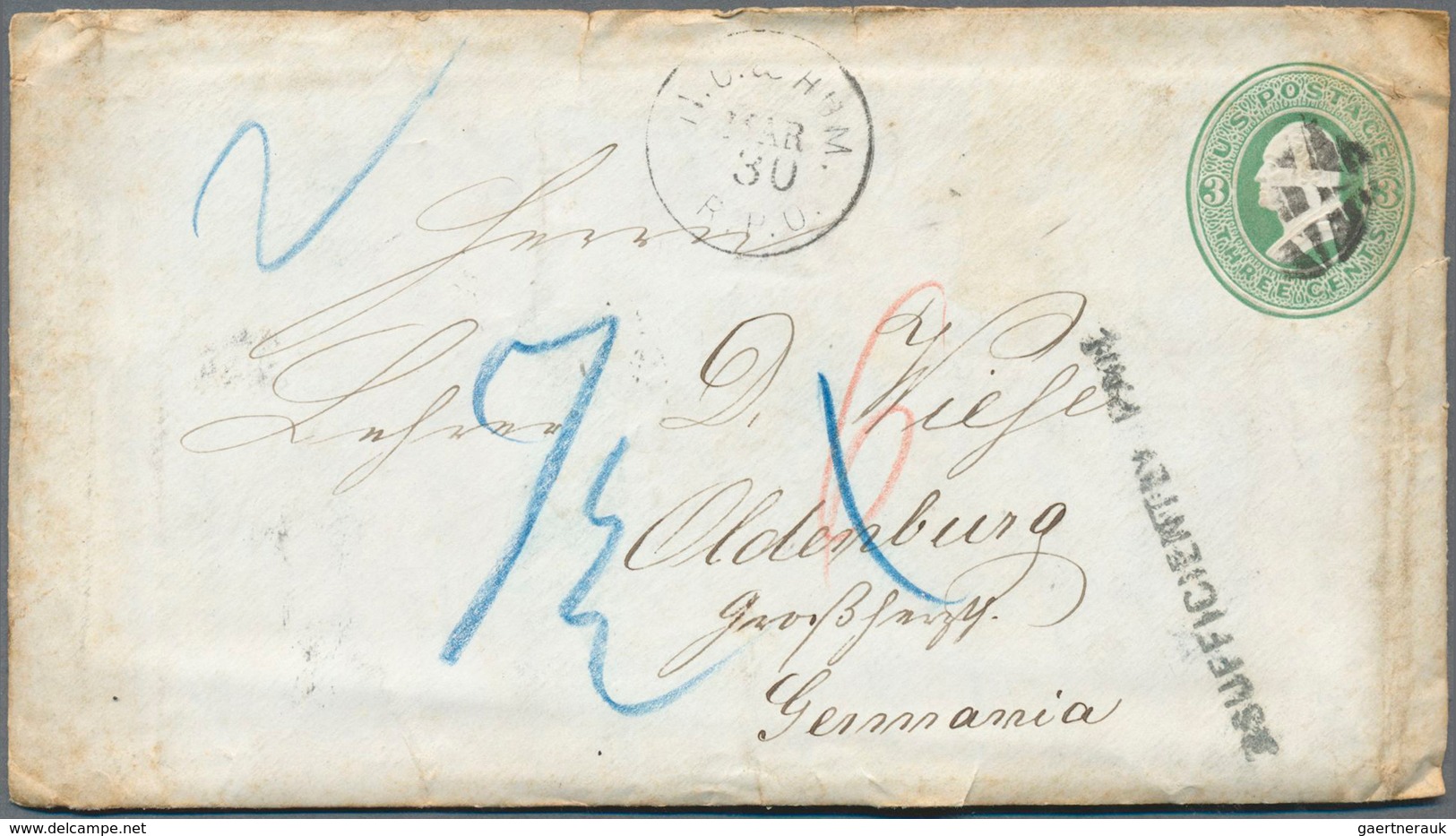 17372 Oldenburg - Besonderheiten: 1872: "Incomming Mail" Zwei USA Ganzsachenumschläge (3 Cents Grün) Nach - Oldenburg