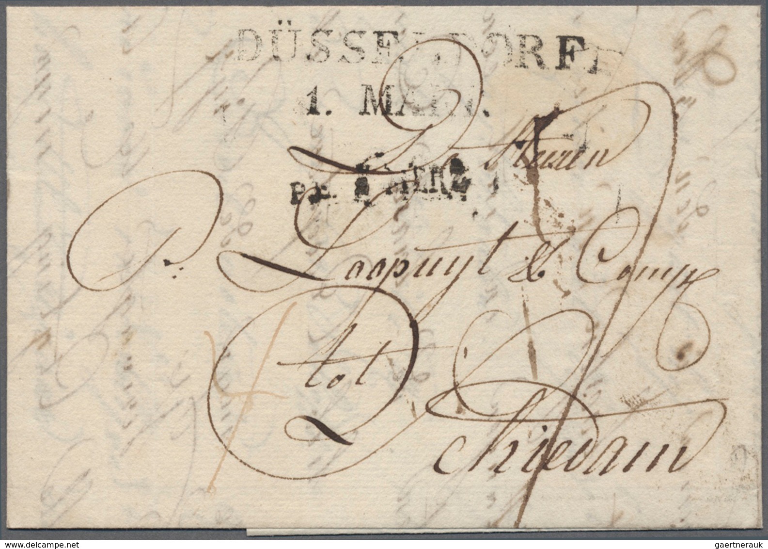 17377 Preußen - Vorphilatelie: 1817, "P.E. 2 MERZ" L1 (per Emmerich) Vorderseitig Auf Taxbrief Aus Düsseld - Prephilately