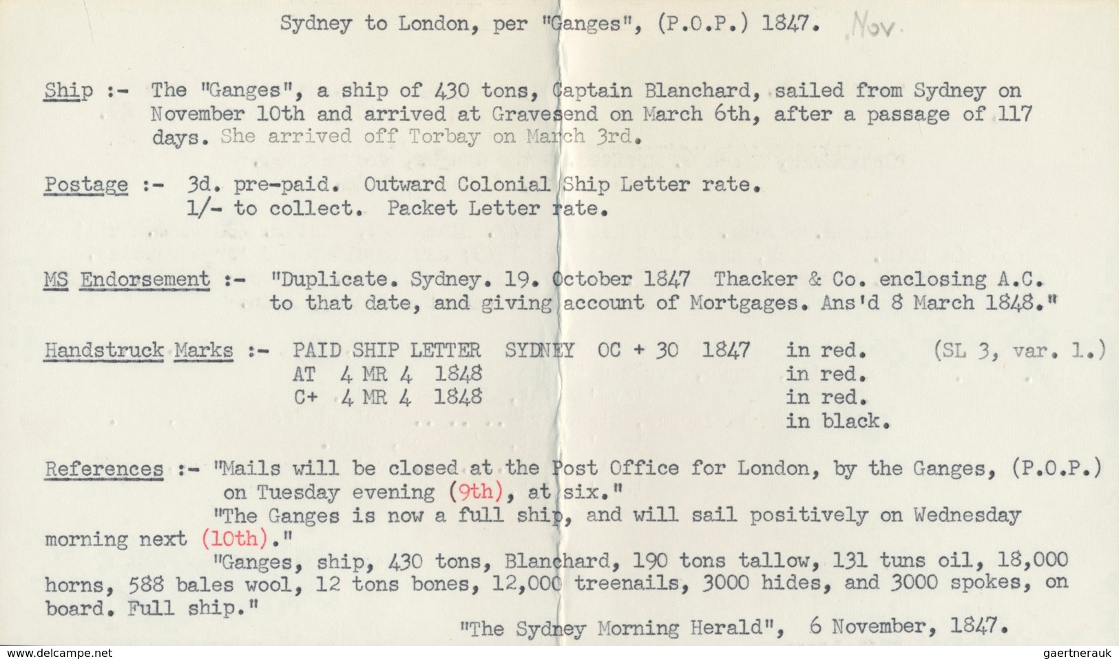 17385 Preußen - Vorphilatelie: 1847, Brief Aus Sydney "per Ganges" Mit Ovalen "ship Letter" Urprünglich Na - Prephilately
