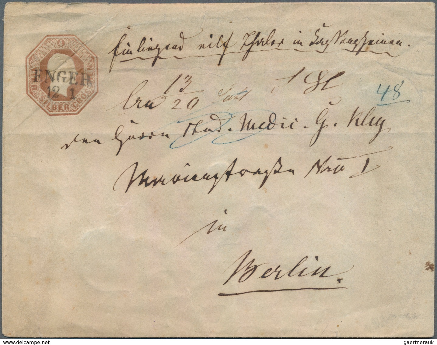 17414 Preußen - Ganzsachen: 1852: 4 SGr Rotbraun "OKTOGONUMSCHLAG", Wertstempelnummer "1" Als Wertbrief Vo - Other & Unclassified