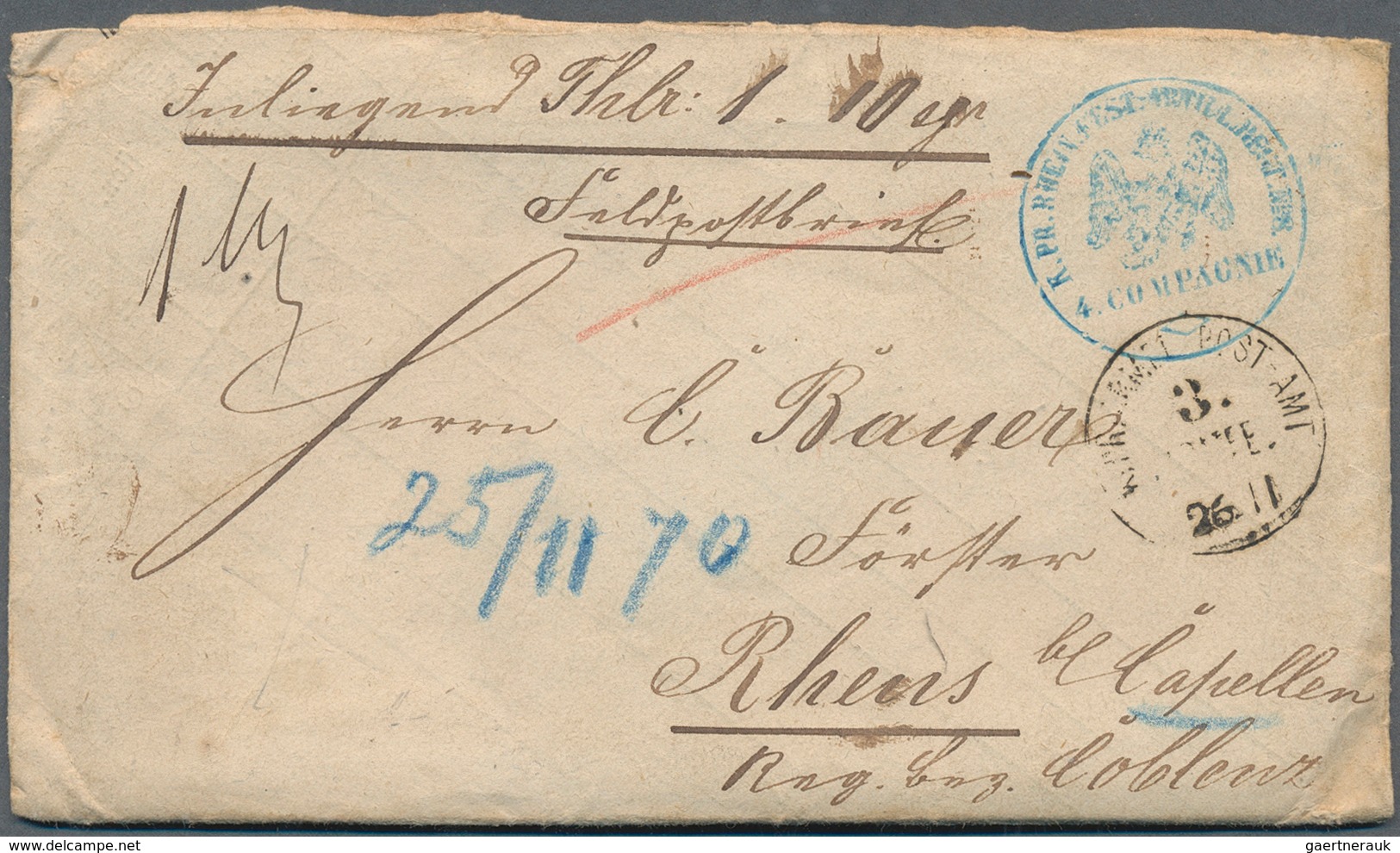 17424 Preußen - Feldpost: 1870 (25.11.), Seltener Wertbrief Mit Blauem Adler-K1 "K. PR. RHEIN. FEST-ARTILL - Other & Unclassified