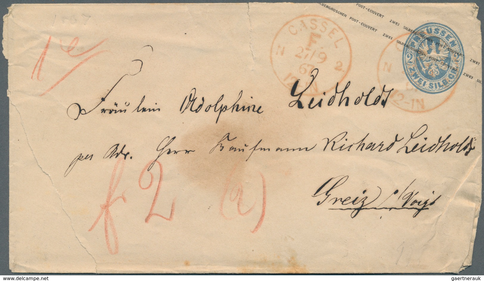 17428 Preußen - Ortsstempel: CASSEL F. N2 27/9 67 Roter Franco-K1 Auf GA-Couvert 2 Sgr. Blau Mit Rotem Tax - Other & Unclassified