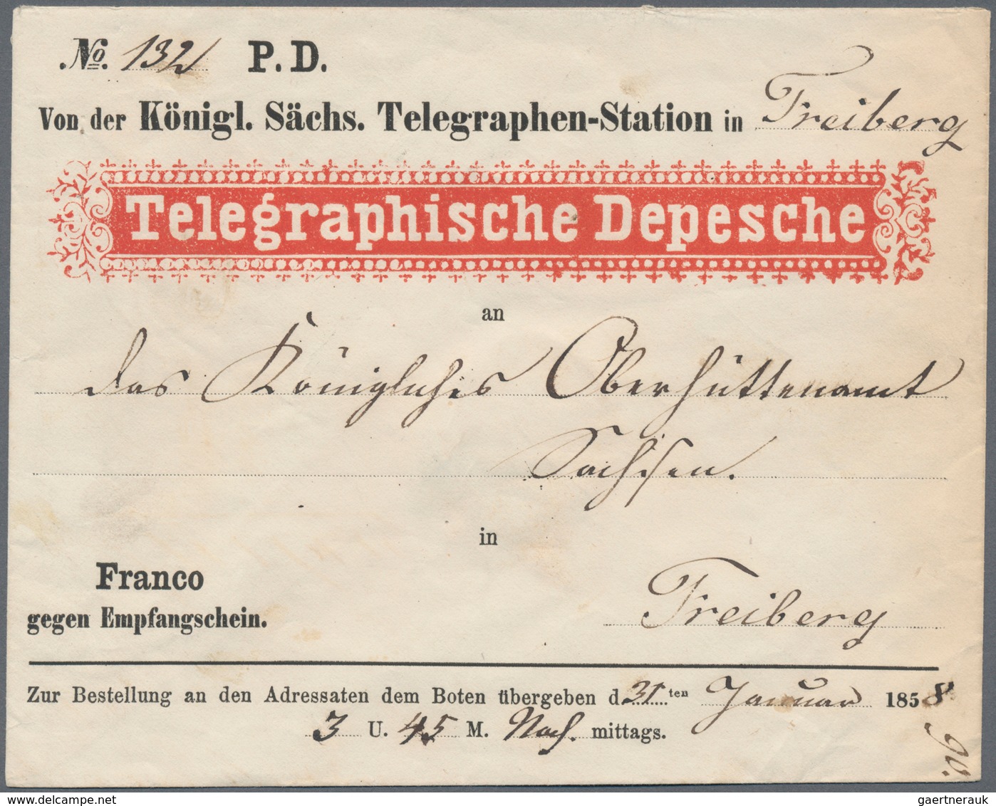 17460 Sachsen - Besonderheiten: 1858, "TELEGRAMM"-Vordruckumschlag Mit Vermerk "Franco Gegen Empfangsschei - Saxe