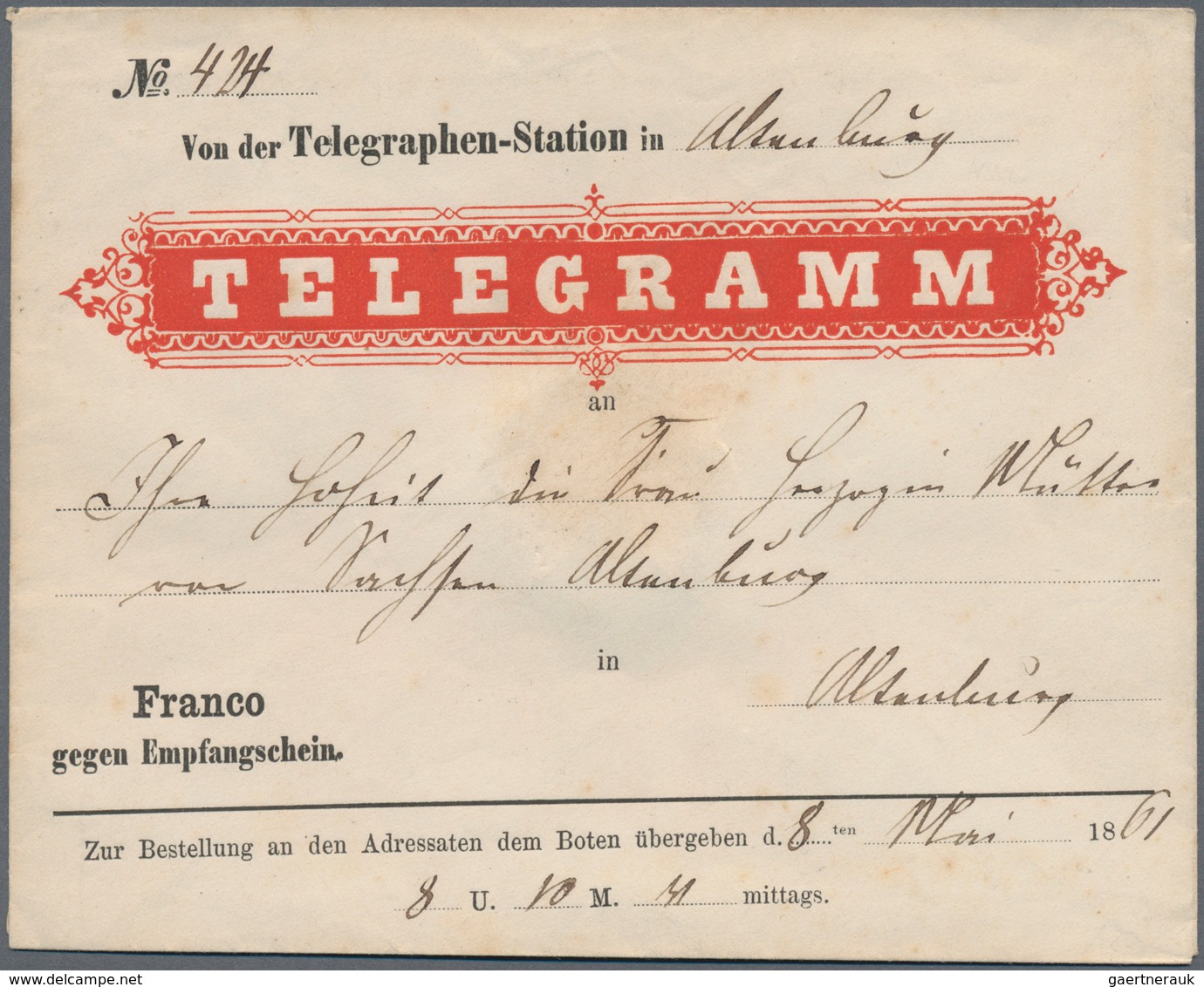 17461 Sachsen - Besonderheiten: 1861, "TELEGRAMM"-Vordruckumschlag Mit Vermerk "Franco Gegen Empfangsschei - Saxony