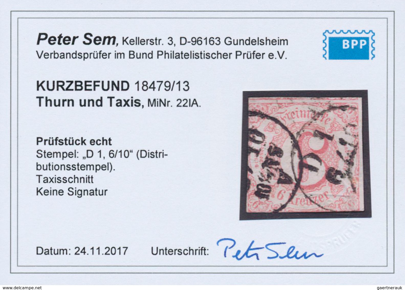 17502 Thurn & Taxis - Besonderheiten: 1860, 6 Kr. Rosa, Taxisschnitt Mit Distibutionsstempel, Kurzbefund S - Other & Unclassified