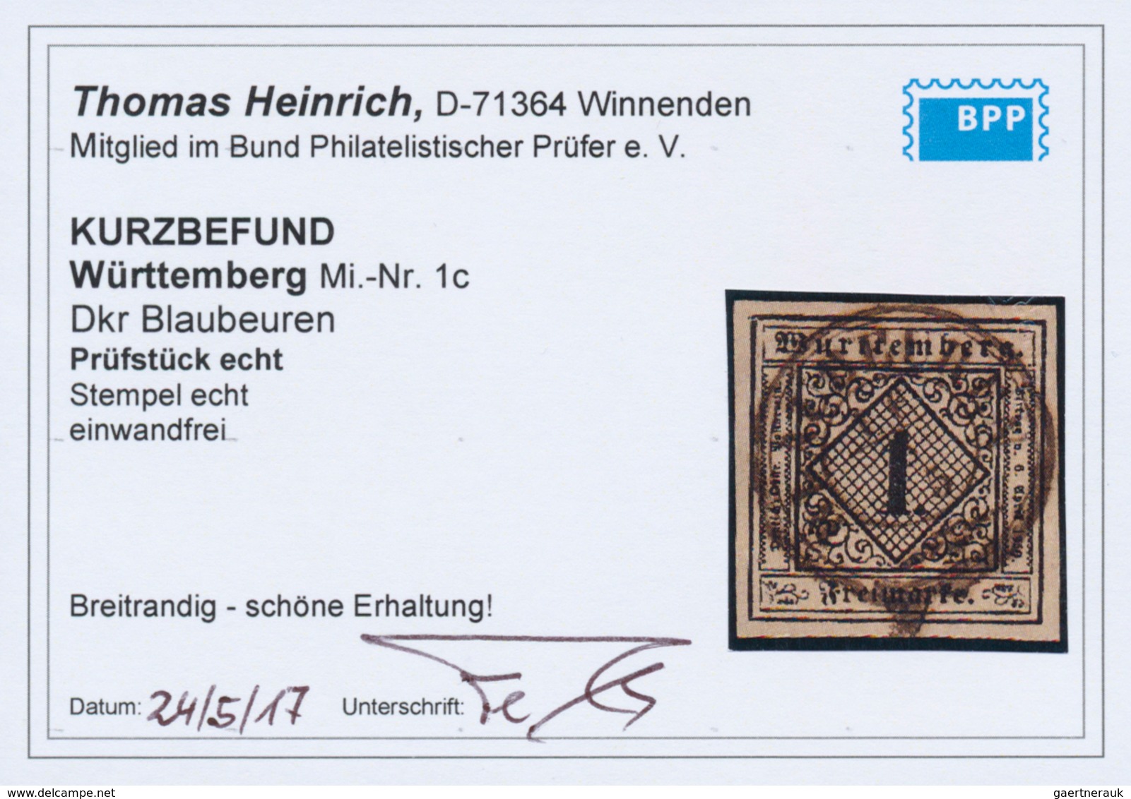 17512 Württemberg - Marken Und Briefe: 1851, 1 Kr Schwarz In C-Farbe Altelfenbein, Sehr Breitrandiges Luxu - Andere & Zonder Classificatie