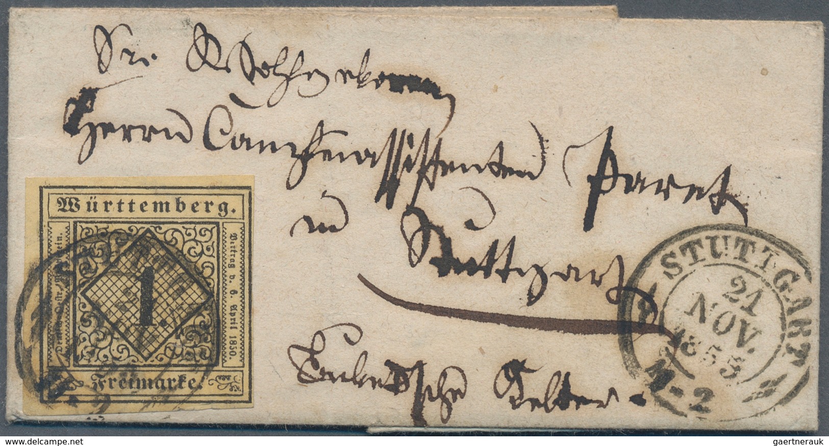 17514 Württemberg - Marken Und Briefe: 1851, Einzelfrankatur 1 Kr. Schwarz Seltene C-Papierfarbe Altelfenb - Other & Unclassified