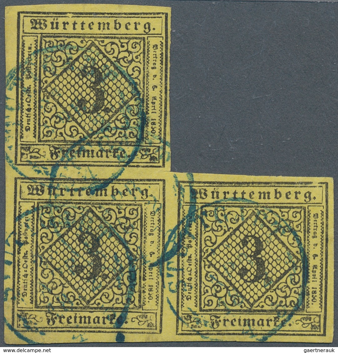 17517 Württemberg - Marken Und Briefe: 1851, Ziffern 3 Kr. Schwarz Auf Gelb Als Treppen-Dreierblock Mit Bl - Other & Unclassified