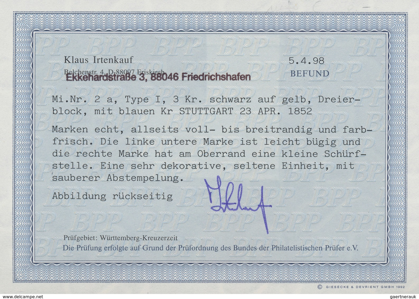 17517 Württemberg - Marken Und Briefe: 1851, Ziffern 3 Kr. Schwarz Auf Gelb Als Treppen-Dreierblock Mit Bl - Other & Unclassified