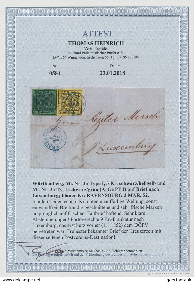 17518 Württemberg - Marken Und Briefe: 1851, Ziffern 3 Kr. Gelb Und 6 Kr. Grün Auf FRÜHESTEM BEKANNTEN Bri - Other & Unclassified