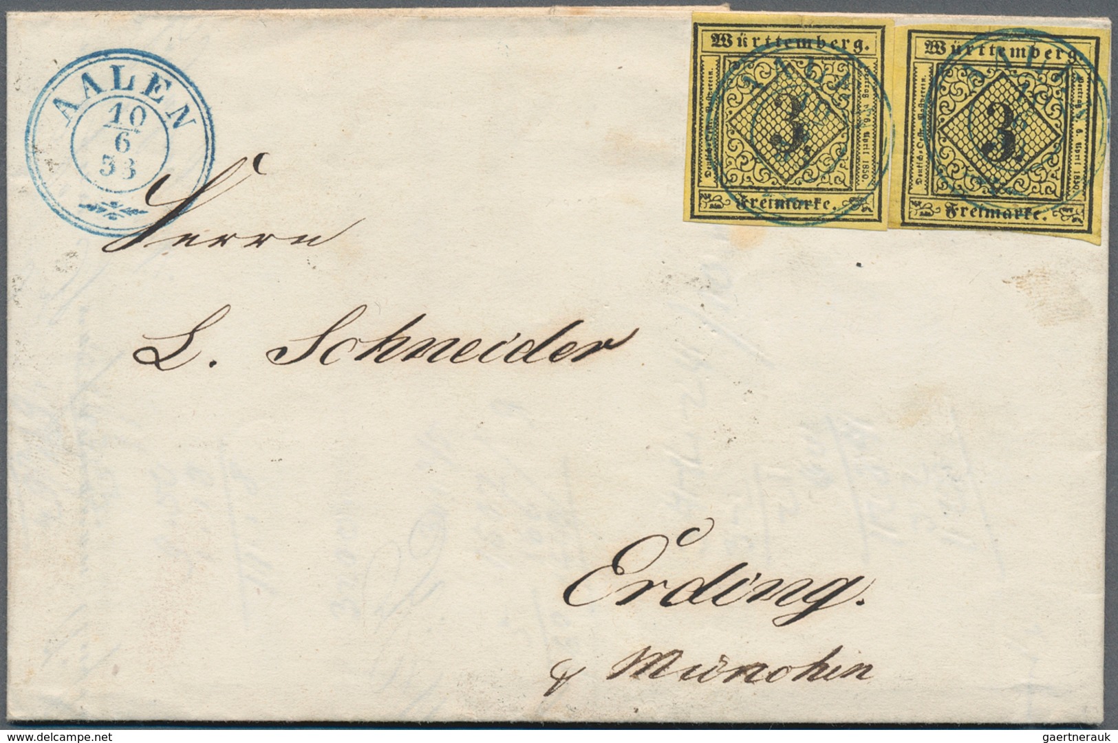 17520 Württemberg - Marken Und Briefe: 1851, Zweimal Ziffern 3 Kr. Schwarz Auf C-Papierfarbe Pastellgelb A - Other & Unclassified