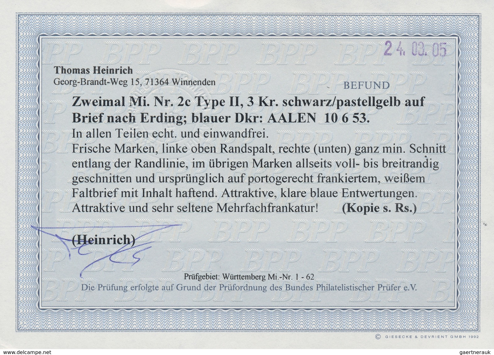 17520 Württemberg - Marken Und Briefe: 1851, Zweimal Ziffern 3 Kr. Schwarz Auf C-Papierfarbe Pastellgelb A - Other & Unclassified